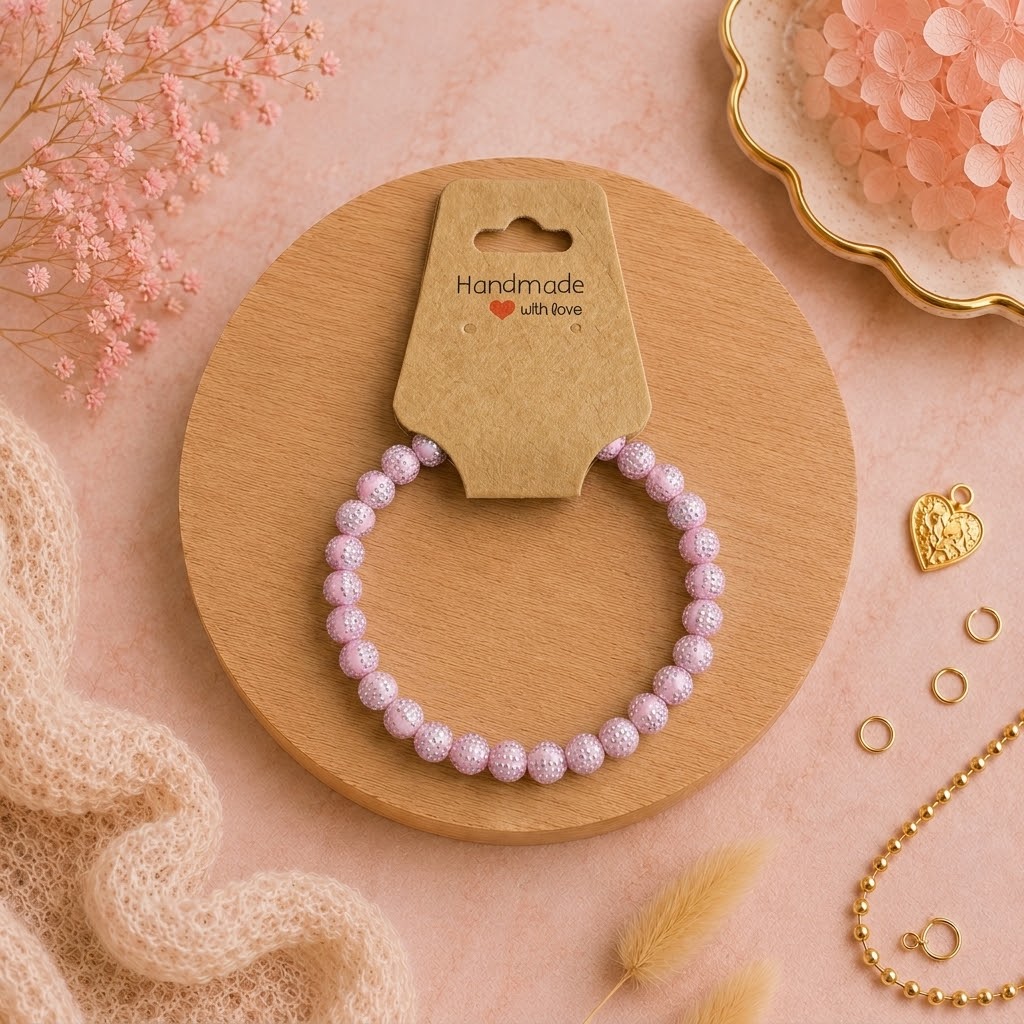 Bracelet en perles de plastique - « Rose/points argentés » taille 16