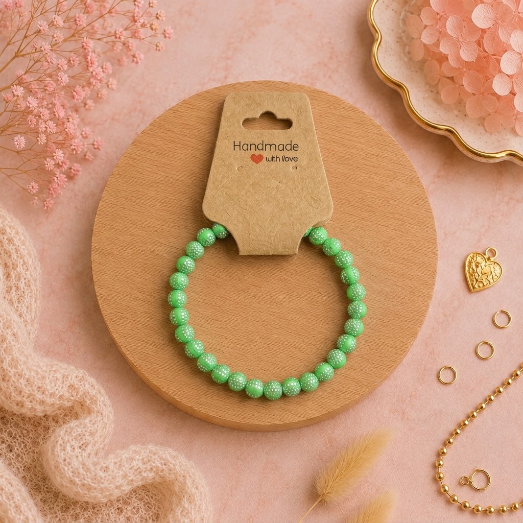 Bracelet en perles de plastique - « Vert/points argentés » taille 16