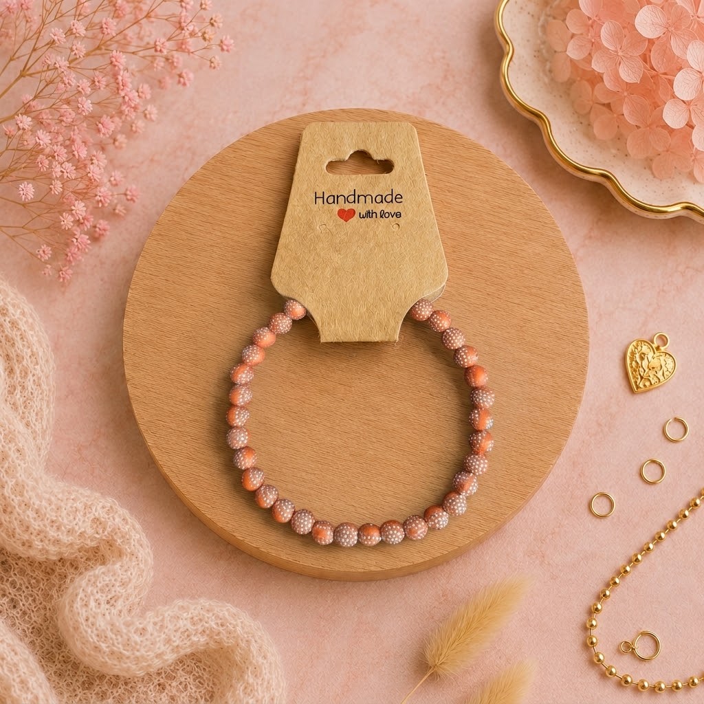 Bracelet en perles de plastique - « Orange/points argentés » taille 17