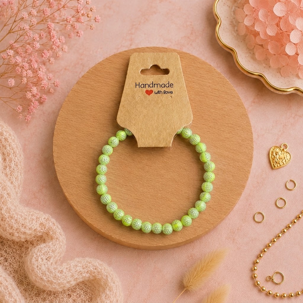 Bracelet en perles de plastique - « Vert clair / pois argentés » taille 17