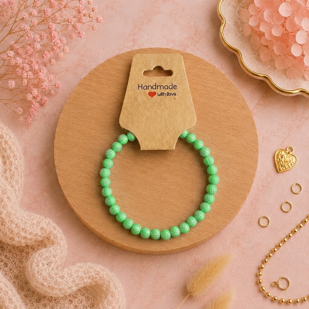 Bracelet en perles de plastique - « Vert/points argentés » taille 17