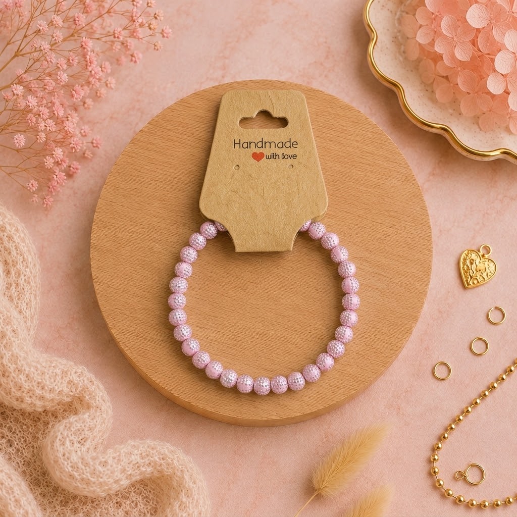 Bracelet en perles de plastique - « Rose/points argentés » taille 18