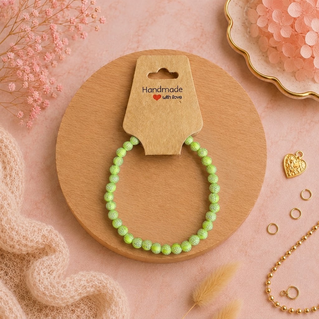 Bracelet en perles de plastique - « Vert clair / pois argentés » taille 18