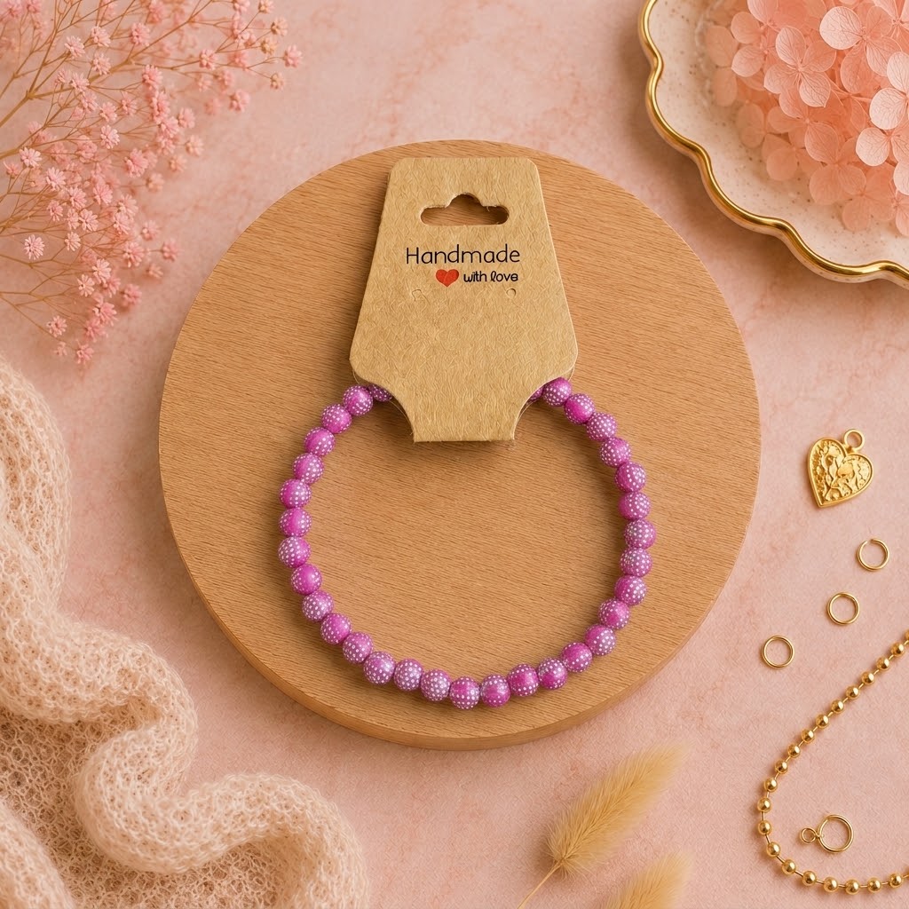 Bracelet en perles de plastique - « Rose/points argentés » taille 18