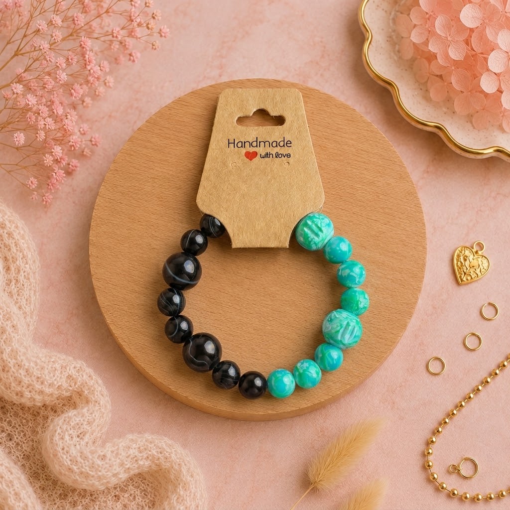 Bracelet en perles de plastique - « Noir/bleu à motifs » taille 16