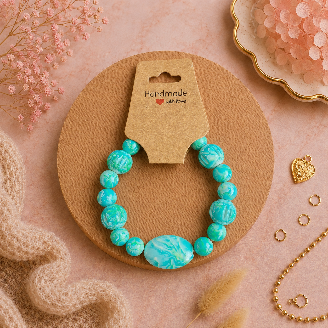 Bracelet en perles de plastique - « Bleu à motifs » taille 17