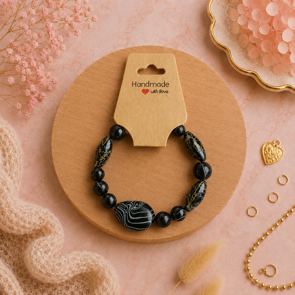 Bracelet en perles de plastique - « Noir à motifs » taille 17