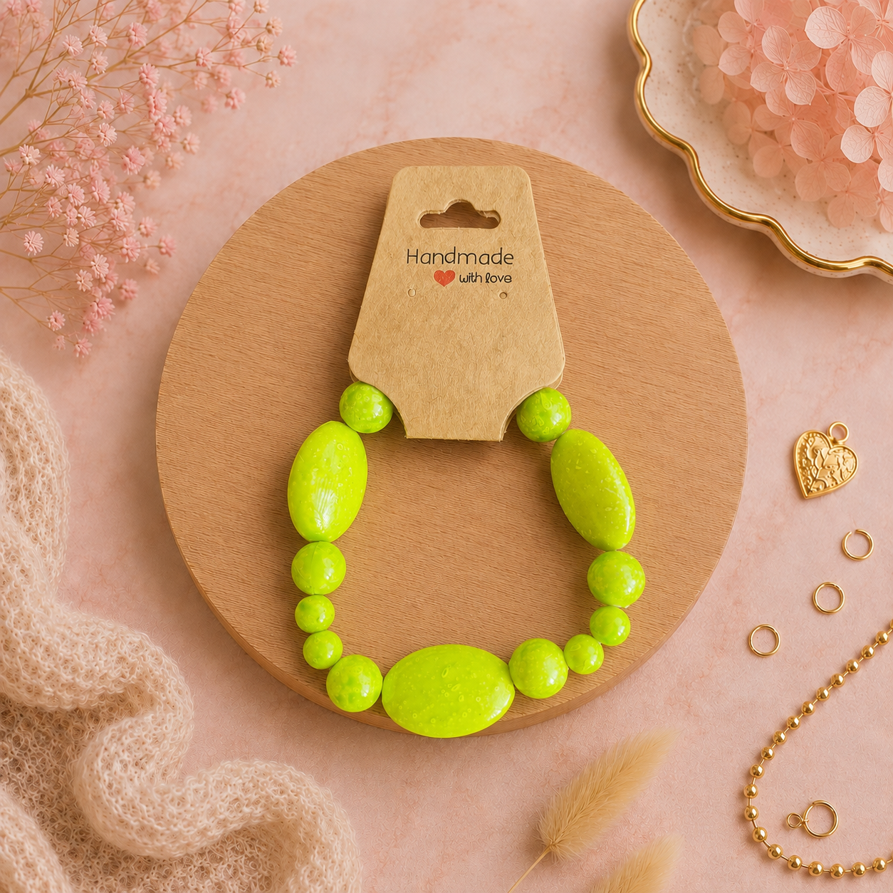 Kunststoffperlenarmband - "Hellgrün mit Muster" Gr. 18