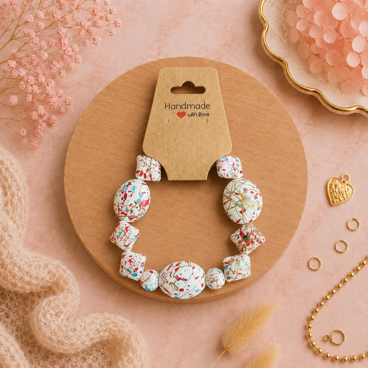 Bracelet en perles de plastique - « Blanc à motifs » taille 19