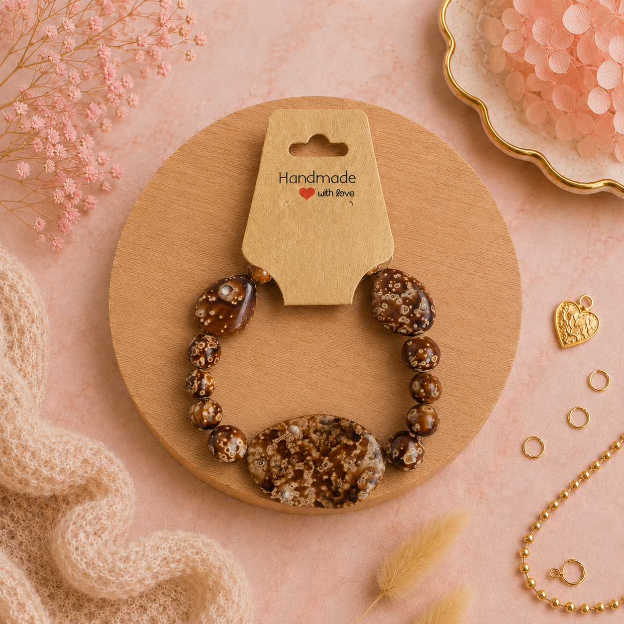 racelet en perles de plastique - « Marron à motifs » taille 19