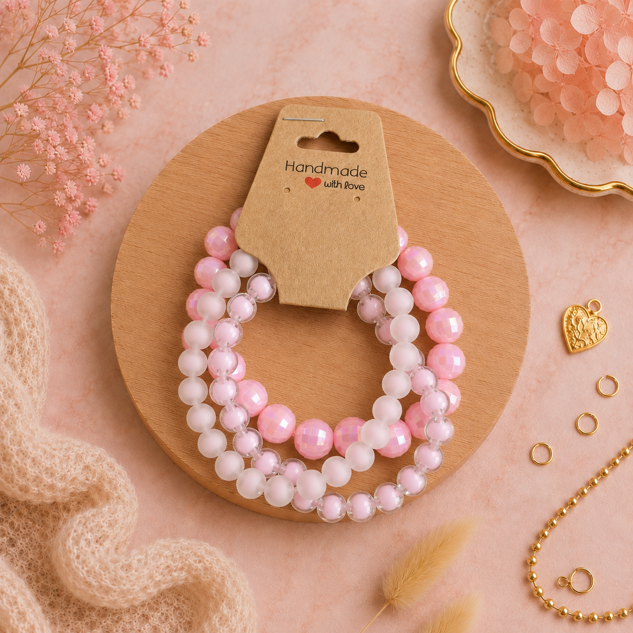 Kunststoffperlenarmbänder - "Rosa/3er-Set" Gr. 19