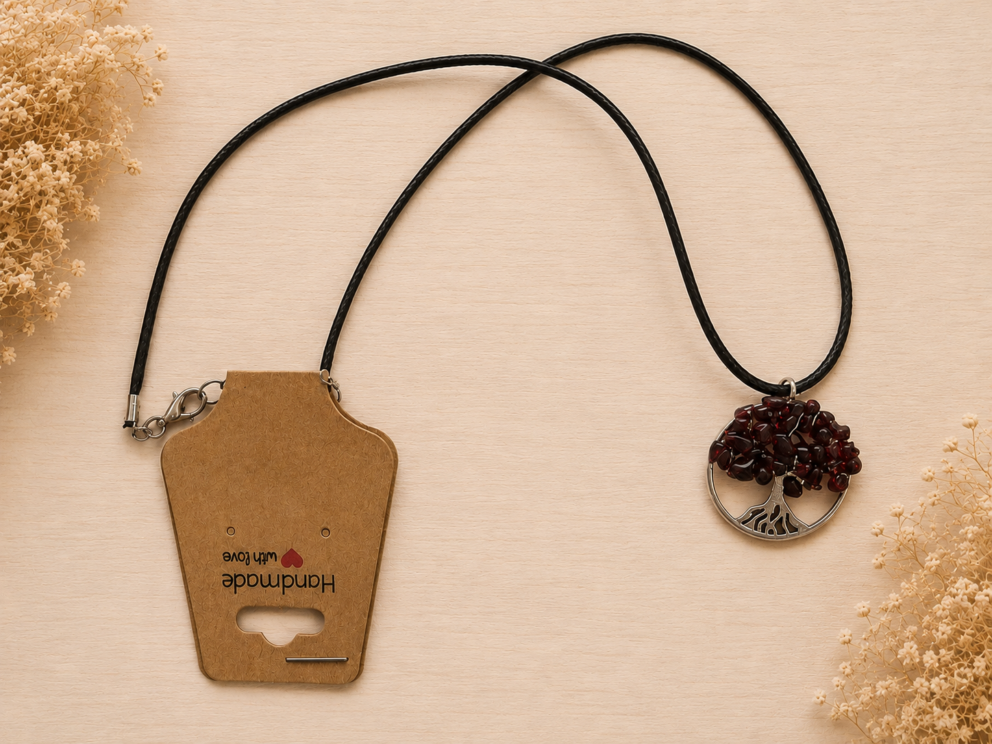 Polyester necklace ‘Tree of Life with natural stone/wine red’