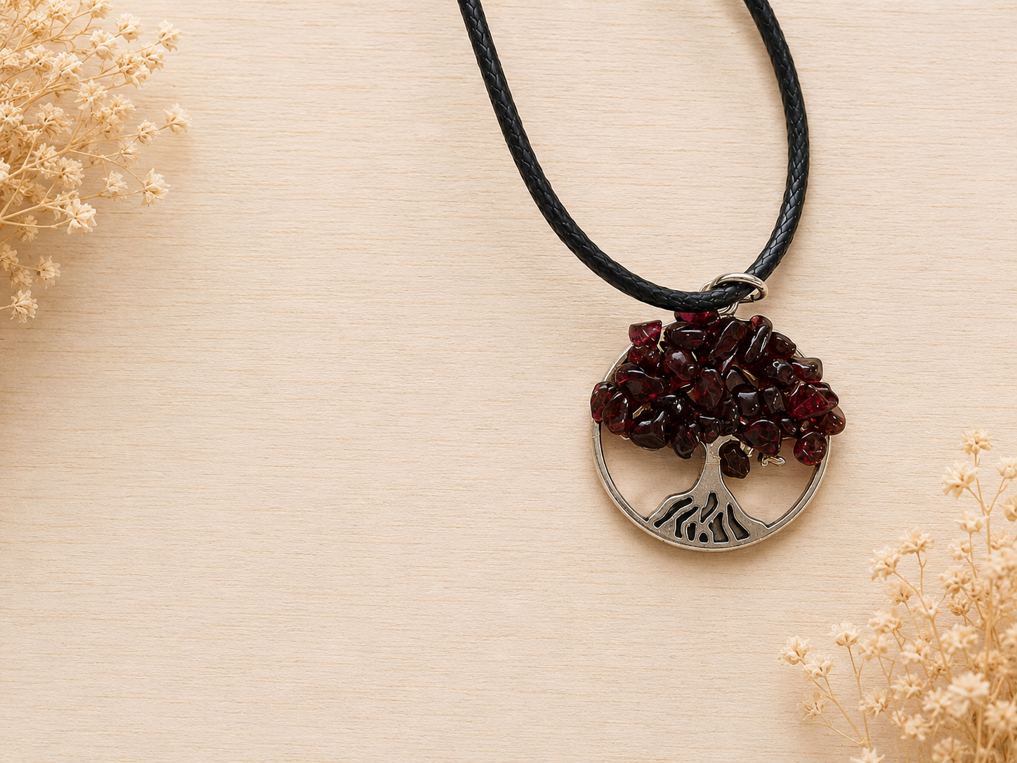 Polyester necklace ‘Tree of Life with natural stone/wine red’