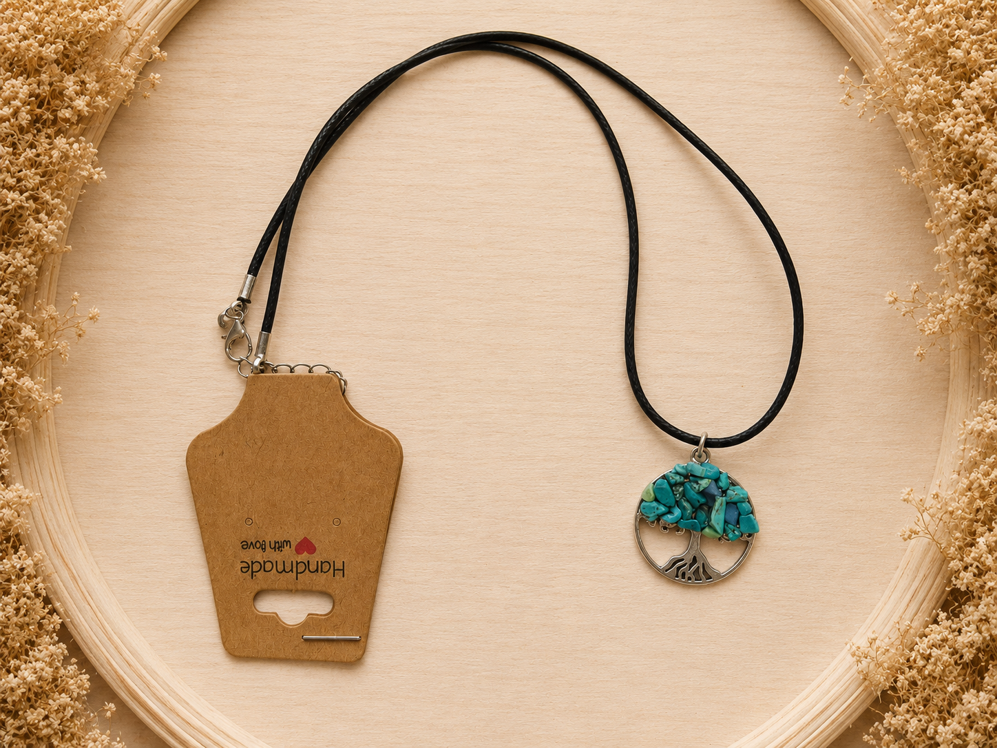 Polyester necklace ‘Tree of Life with natural stone/turquoise’
