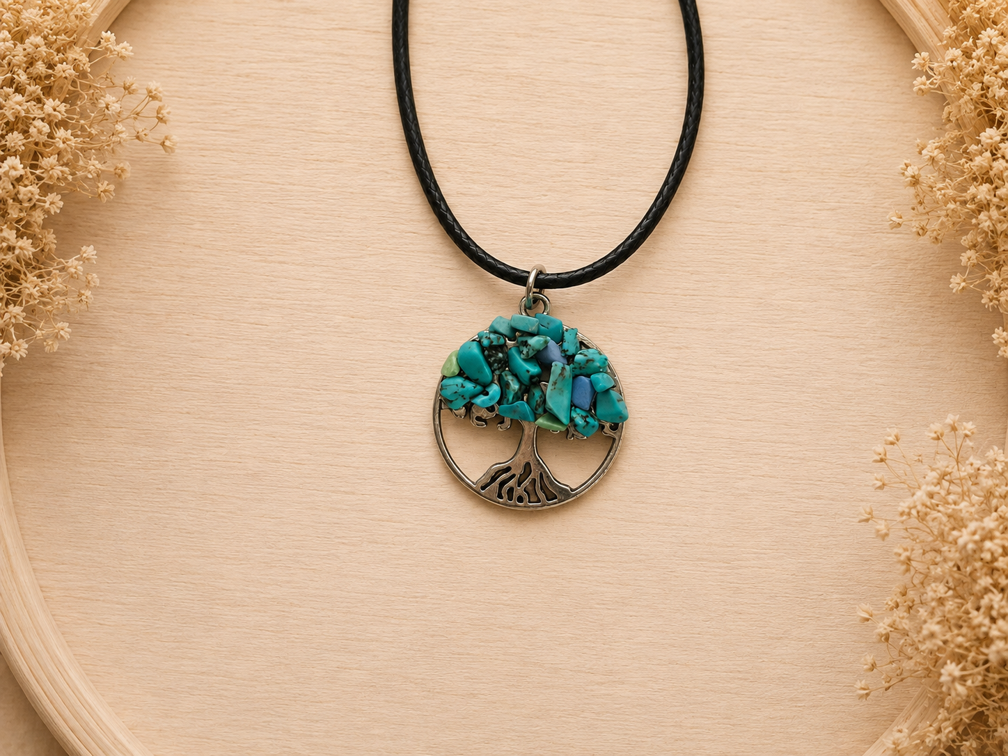 Polyester necklace ‘Tree of Life with natural stone/turquoise’