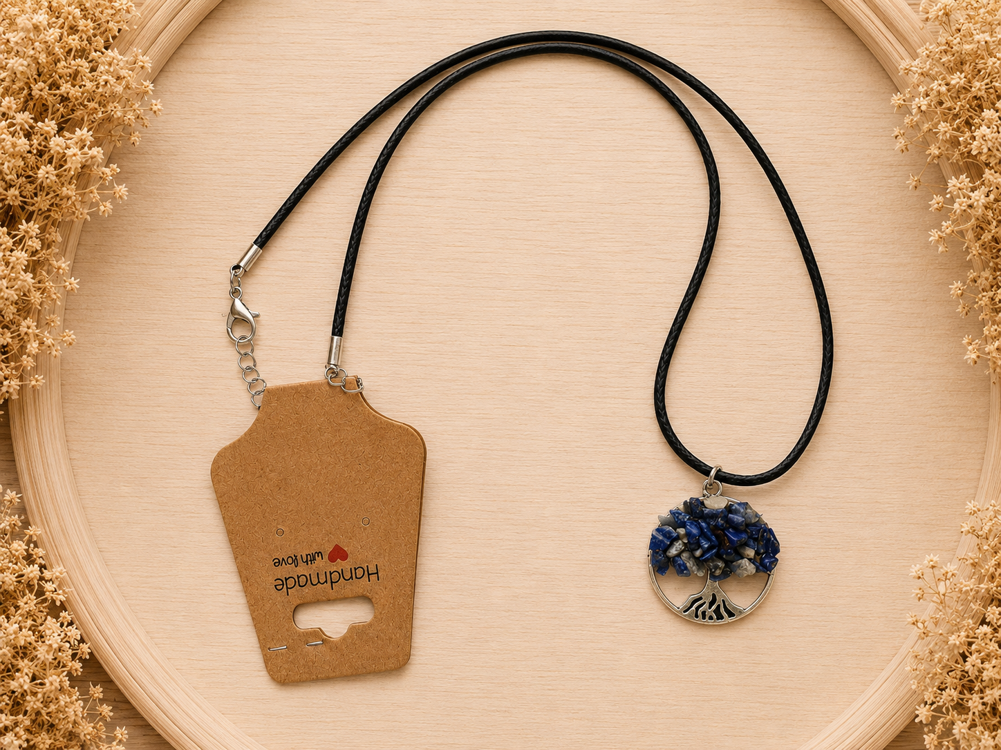 Polyester necklace ‘Tree of Life with natural stone/blue’
