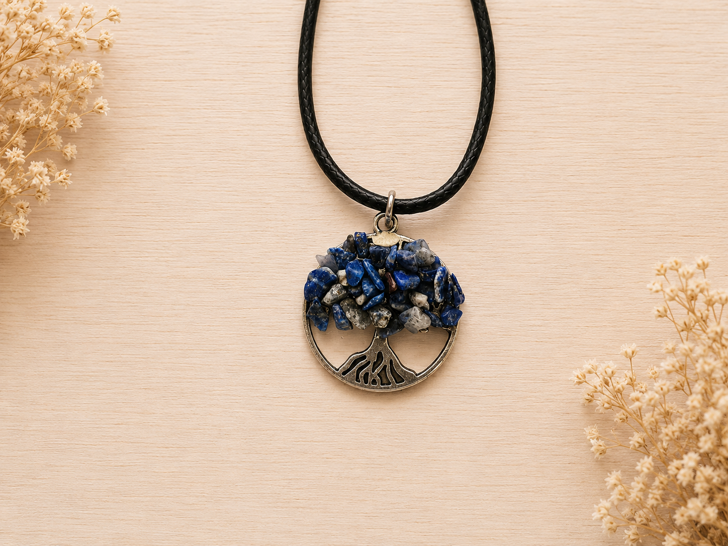 Polyester necklace ‘Tree of Life with natural stone/blue’