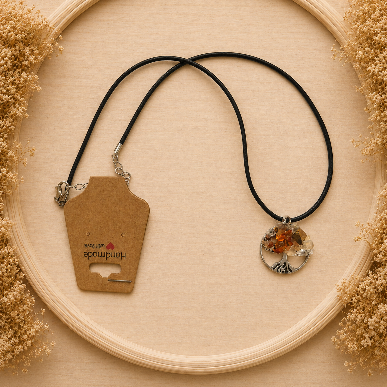 Polyester necklace ‘Tree of Life with natural stone/light orange’