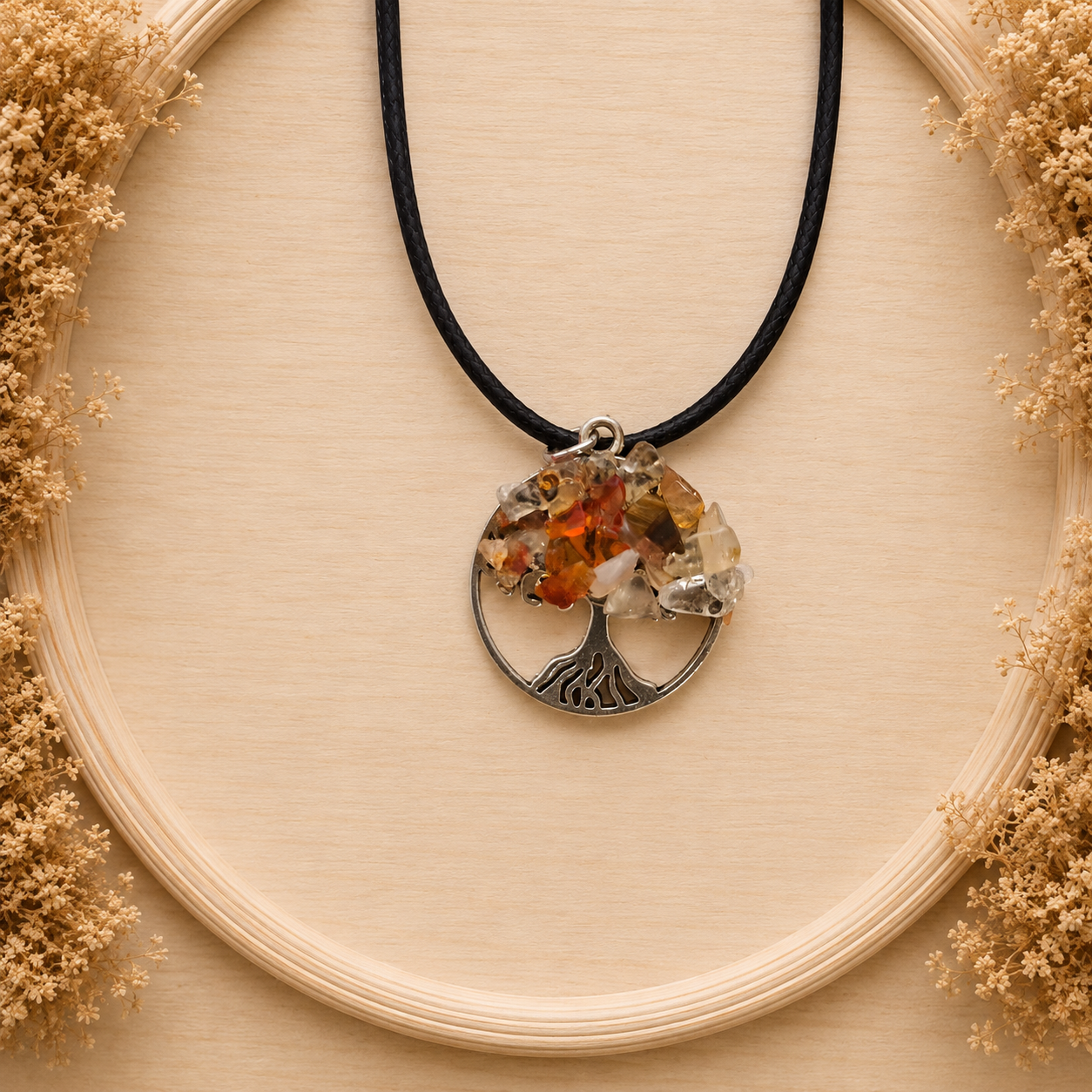 Polyester necklace ‘Tree of Life with natural stone/light orange’