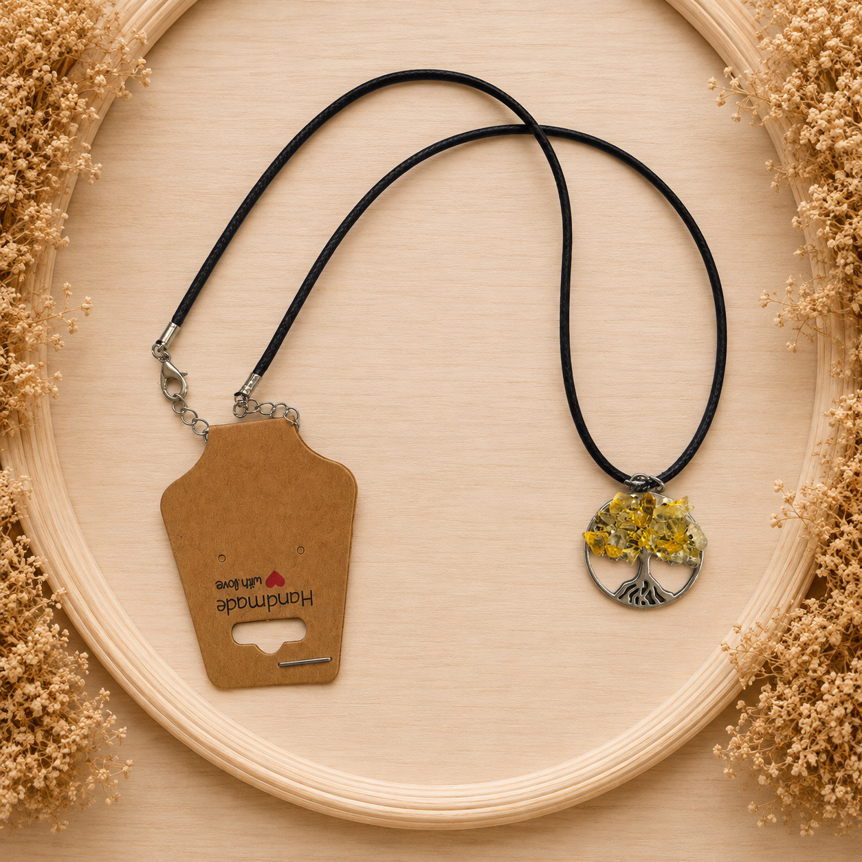 Polyester necklace ‘Tree of Life with natural stone/yellow’