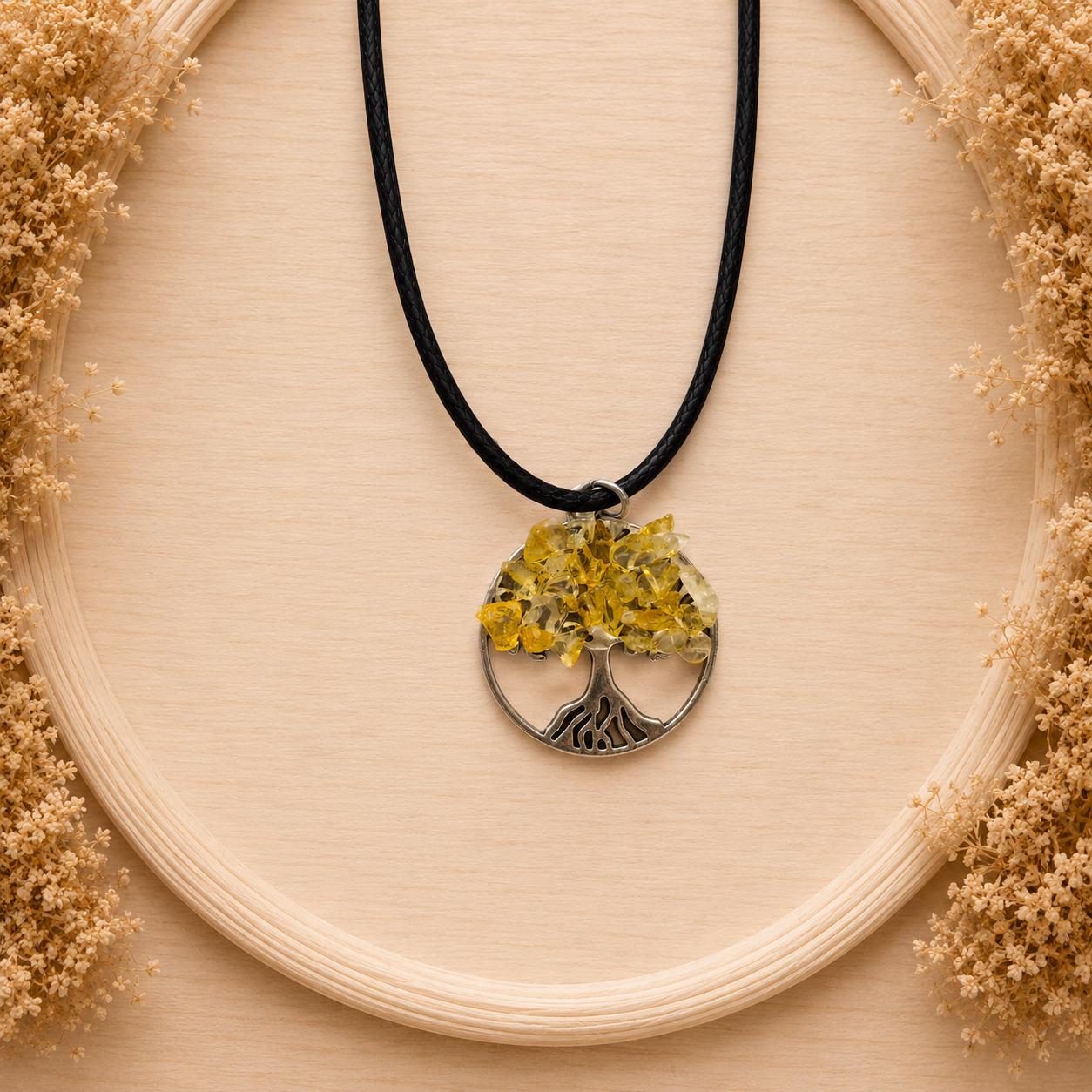 Polyester necklace ‘Tree of Life with natural stone/yellow’