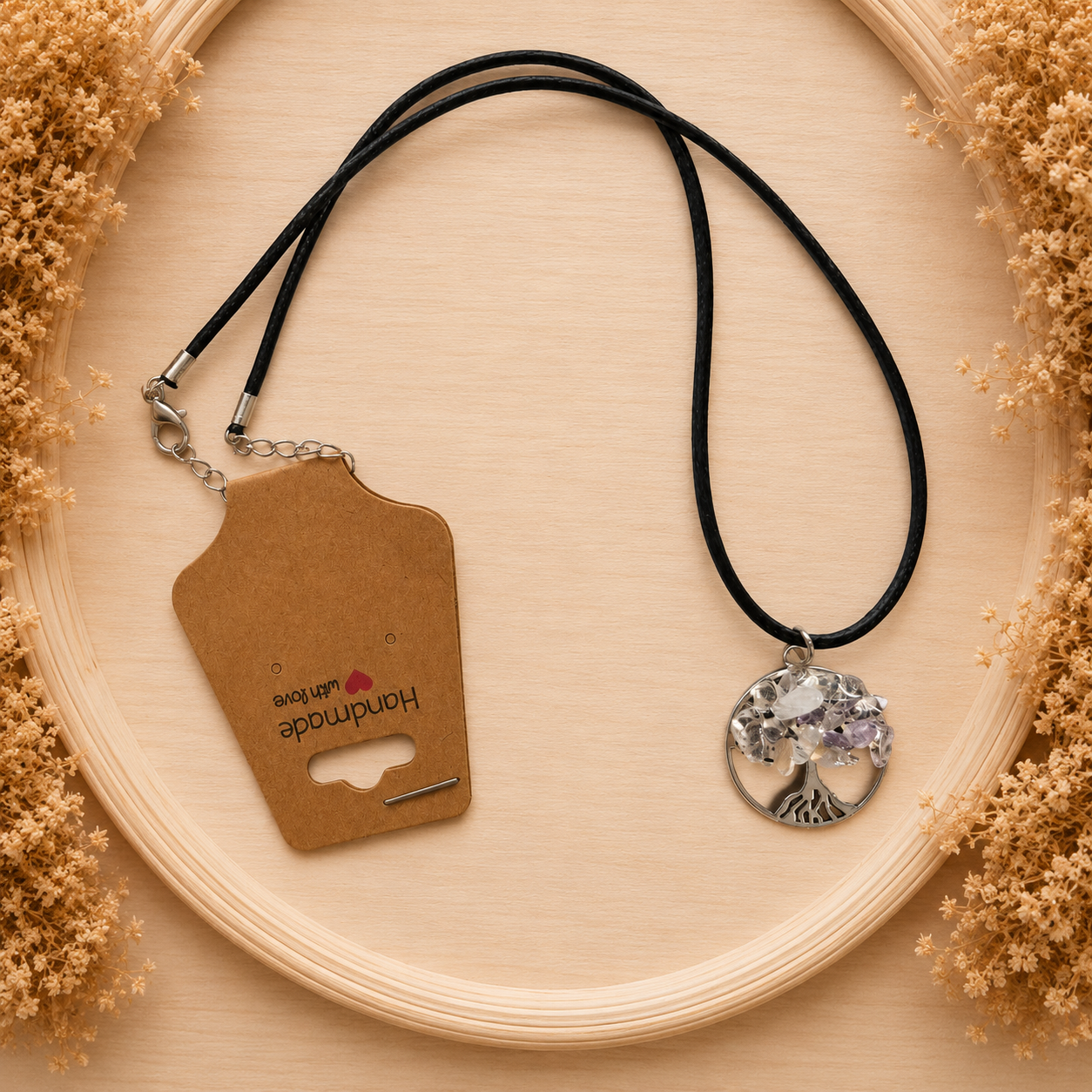 Polyester necklace ‘Tree of Life with natural stone/light purple’