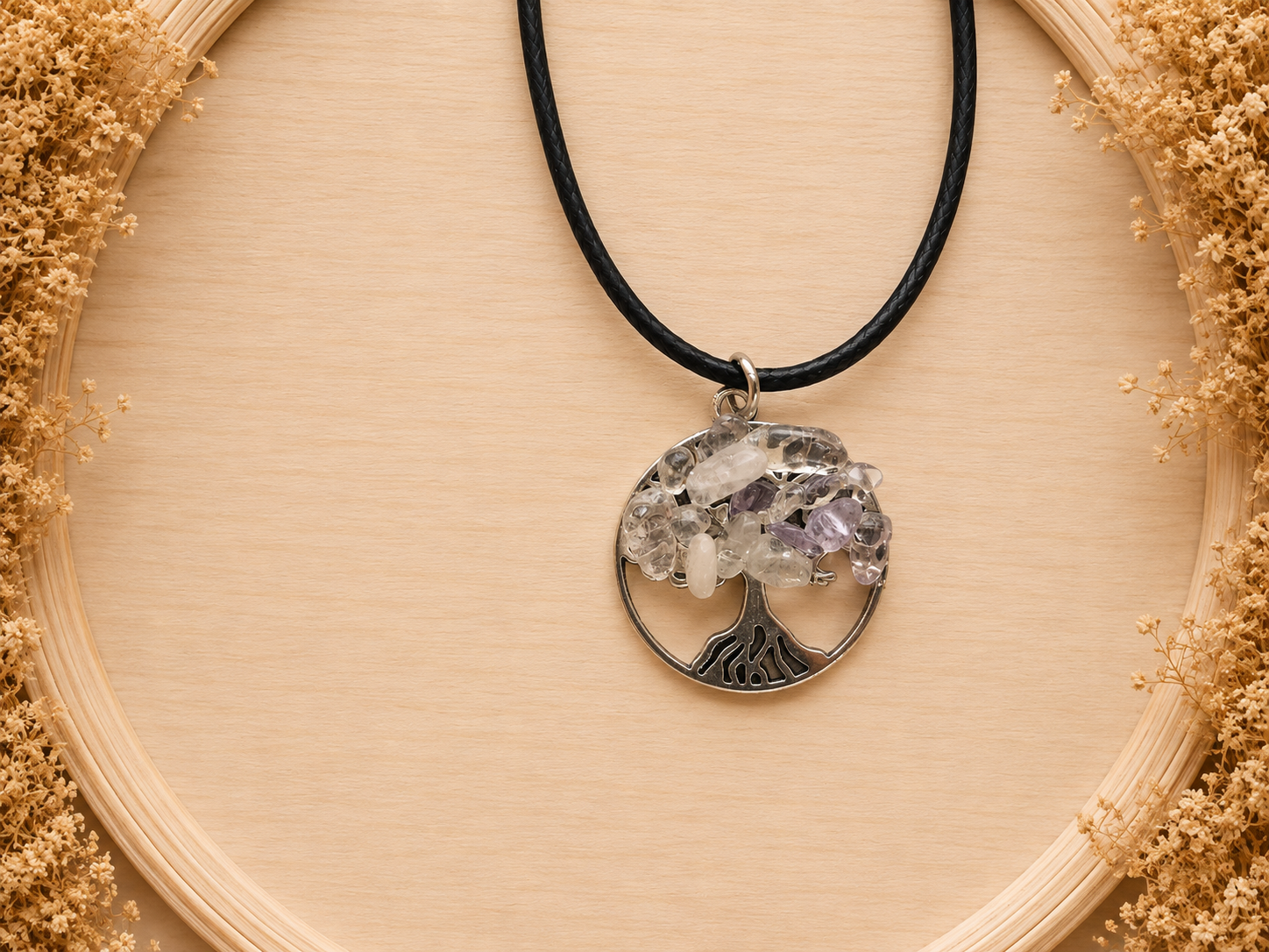 Polyester necklace ‘Tree of Life with natural stone/light purple’