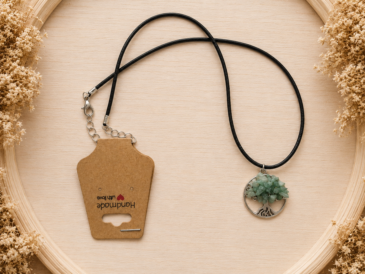 Polyester necklace ‘Tree of Life with natural stone/green’