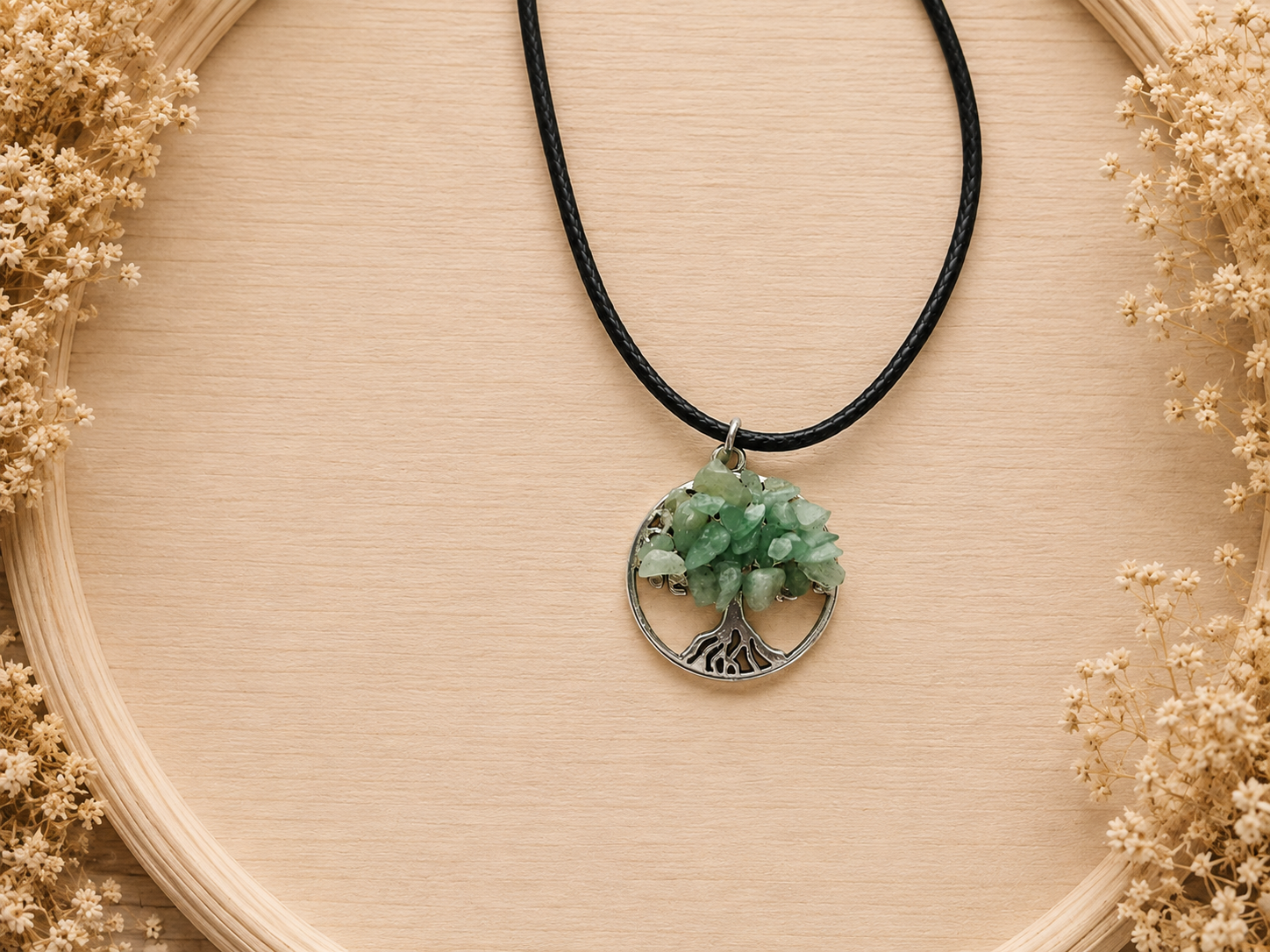 Polyester necklace ‘Tree of Life with natural stone/green’